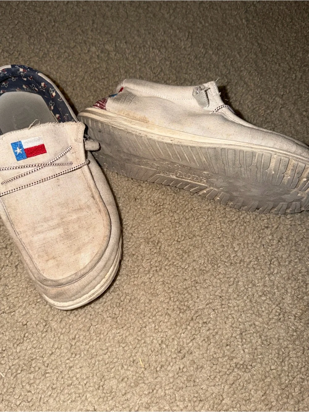 Hey Dude Beige Canvas Slip-On Loafers with Texas Flag Accent